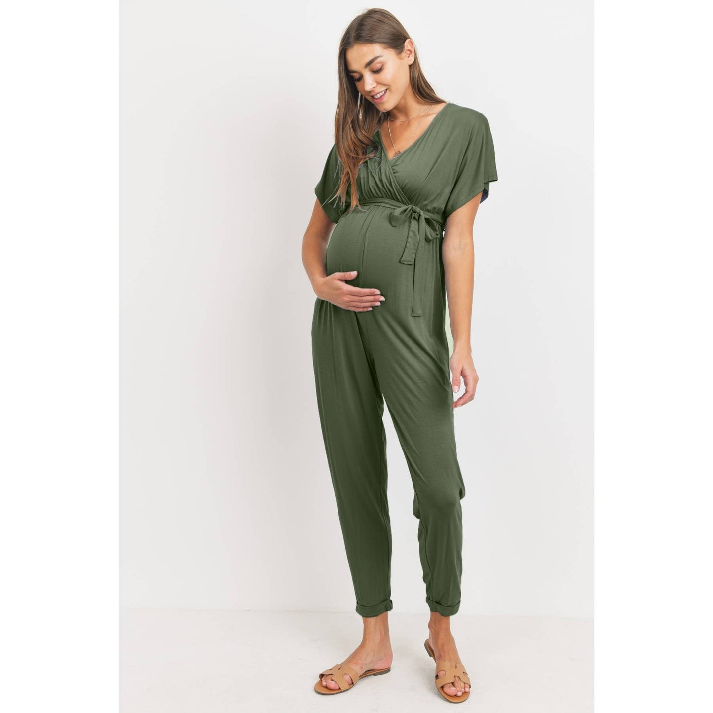 Dolman Sleeve Tie Waist Maternity Nursing Jumpsuit