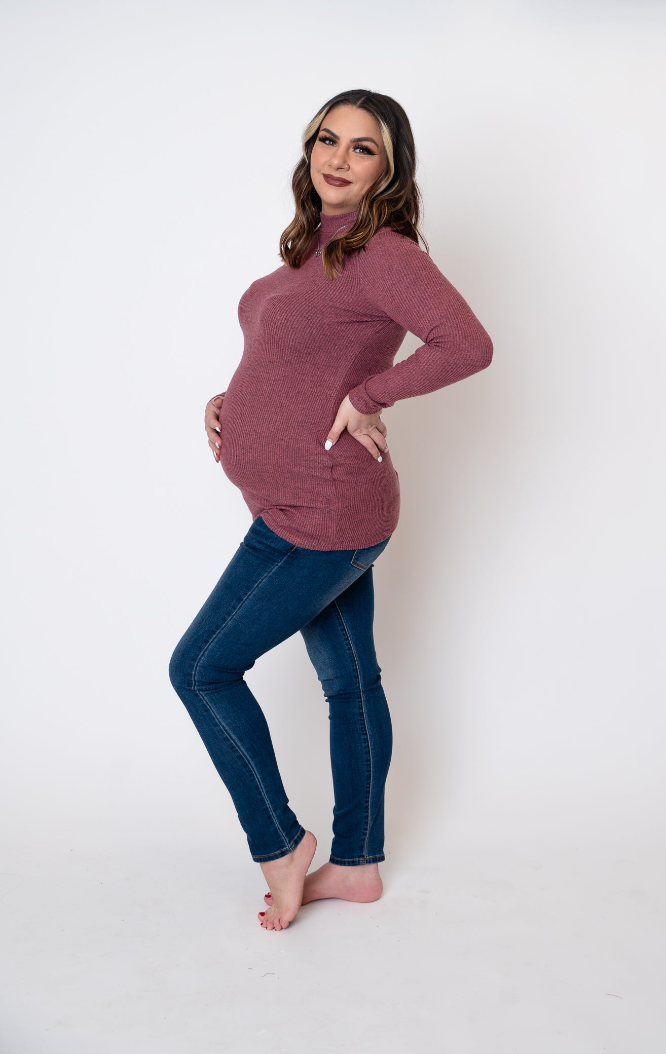 Mock Neck Ribbed Knit Maternity Long Sleeve Top