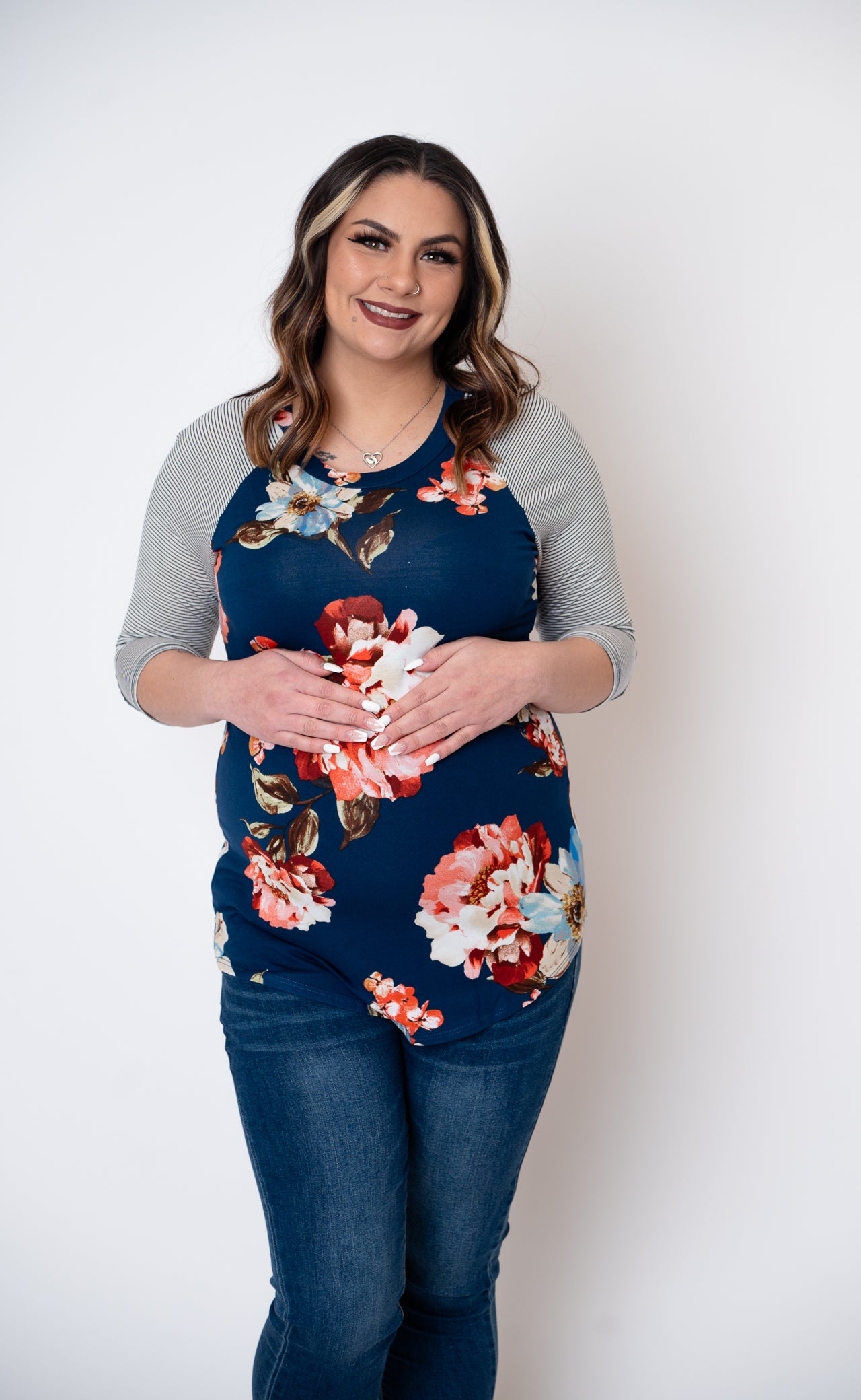 Maternity Floral Print Baseball Tee