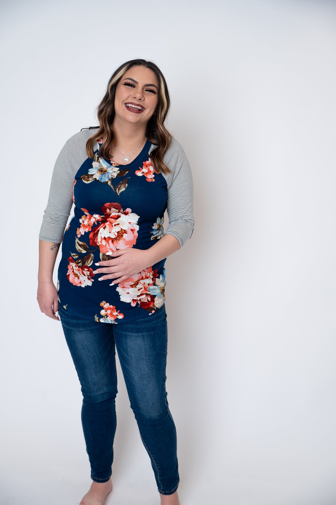 Maternity Floral Print Baseball Tee