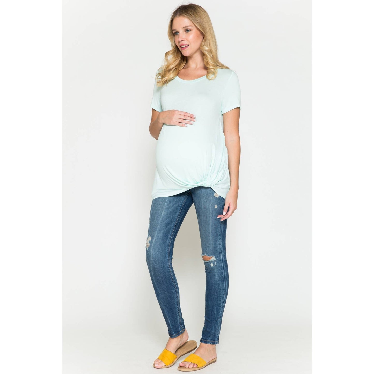 Maternity Round Neck Front Twist Knotted Solid Basic Top