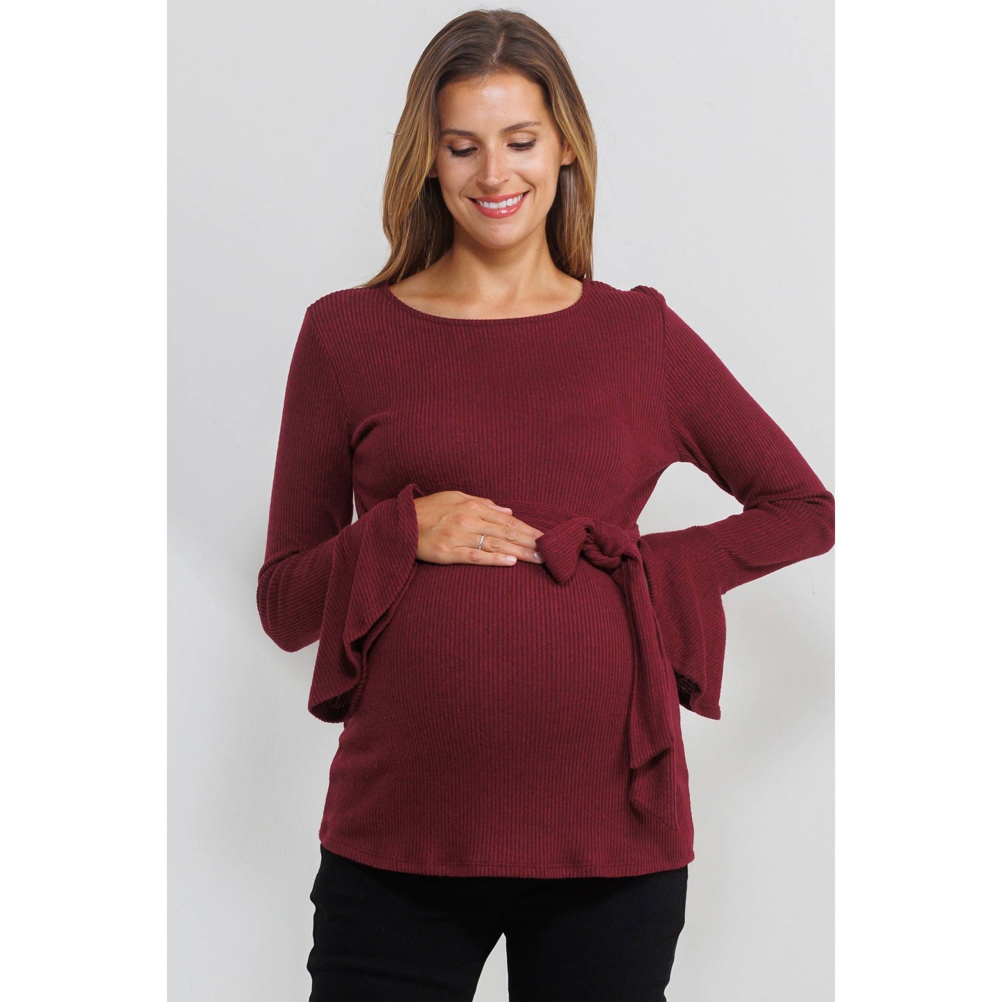 Bell-Sleeve Maternity Top with Faux Wrap Tie