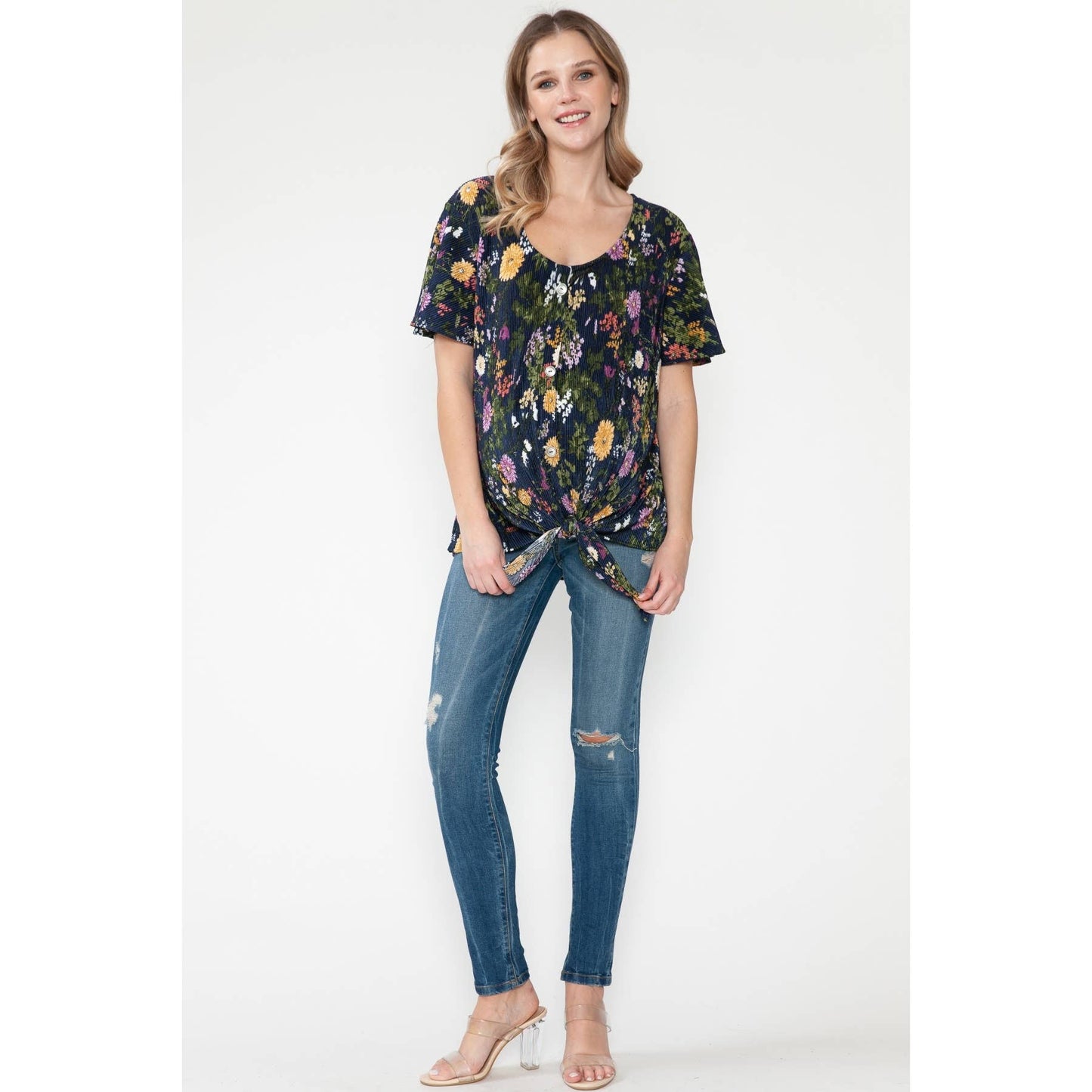 Maternity Floral Print Button Tied Ruffle Basic Top