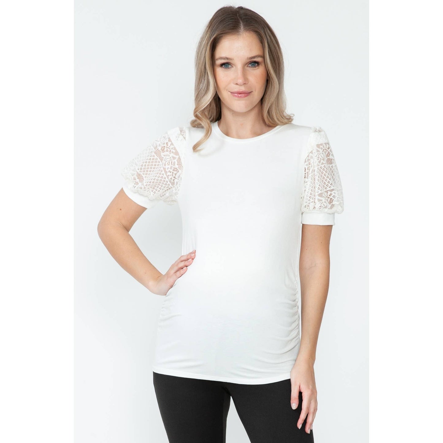 Maternity Lace See-through Balloon Short Sleeve Basic Top