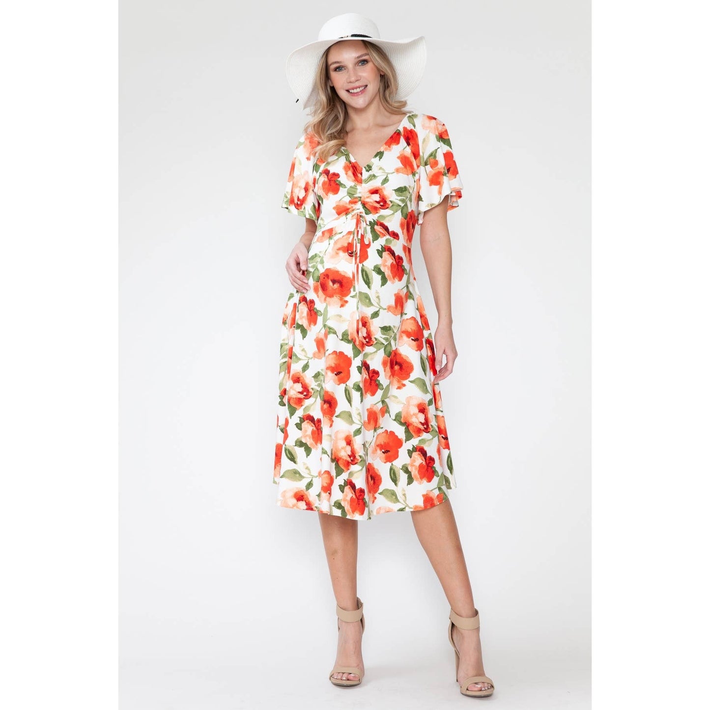 Maternity Floral Ruffle V-Neck Knotted Twist Midi Dress