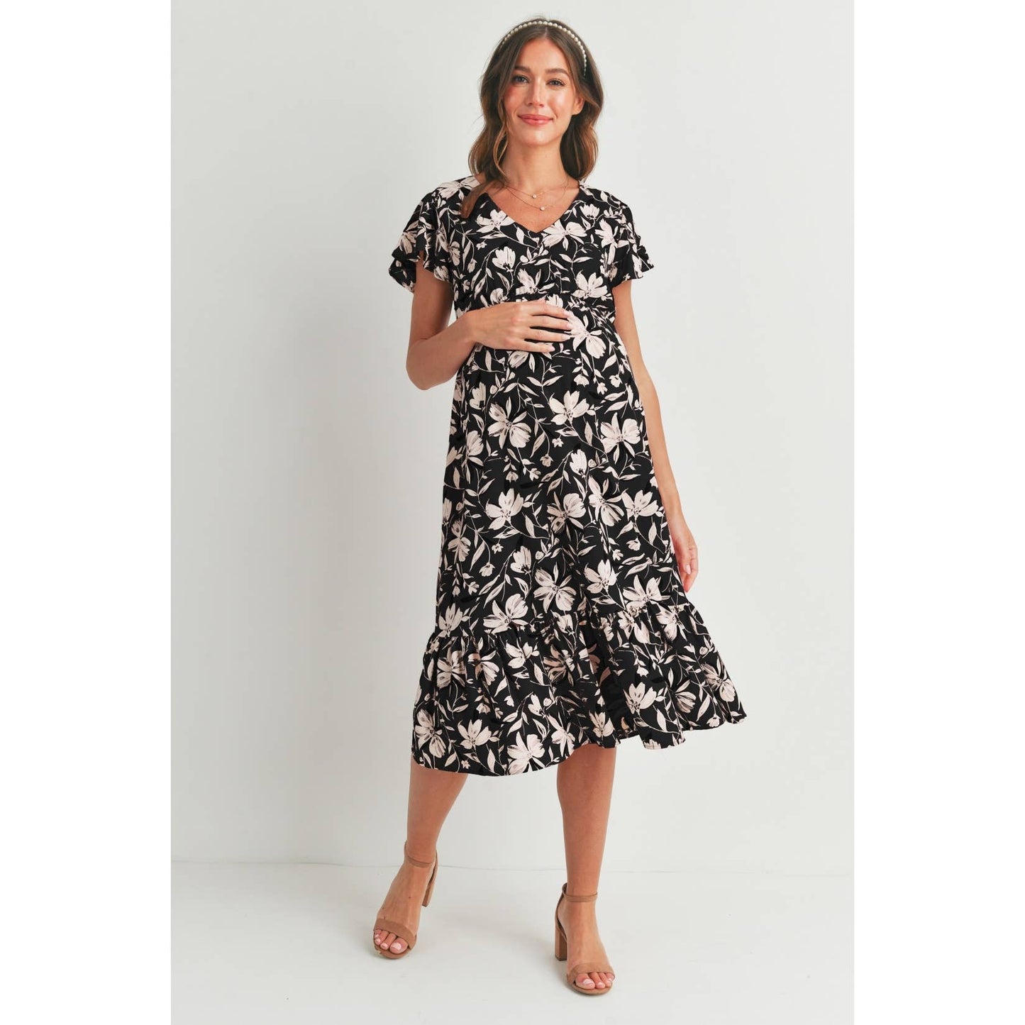 Floral Flutter Sleeve Maternity V-Neck Midi Dress