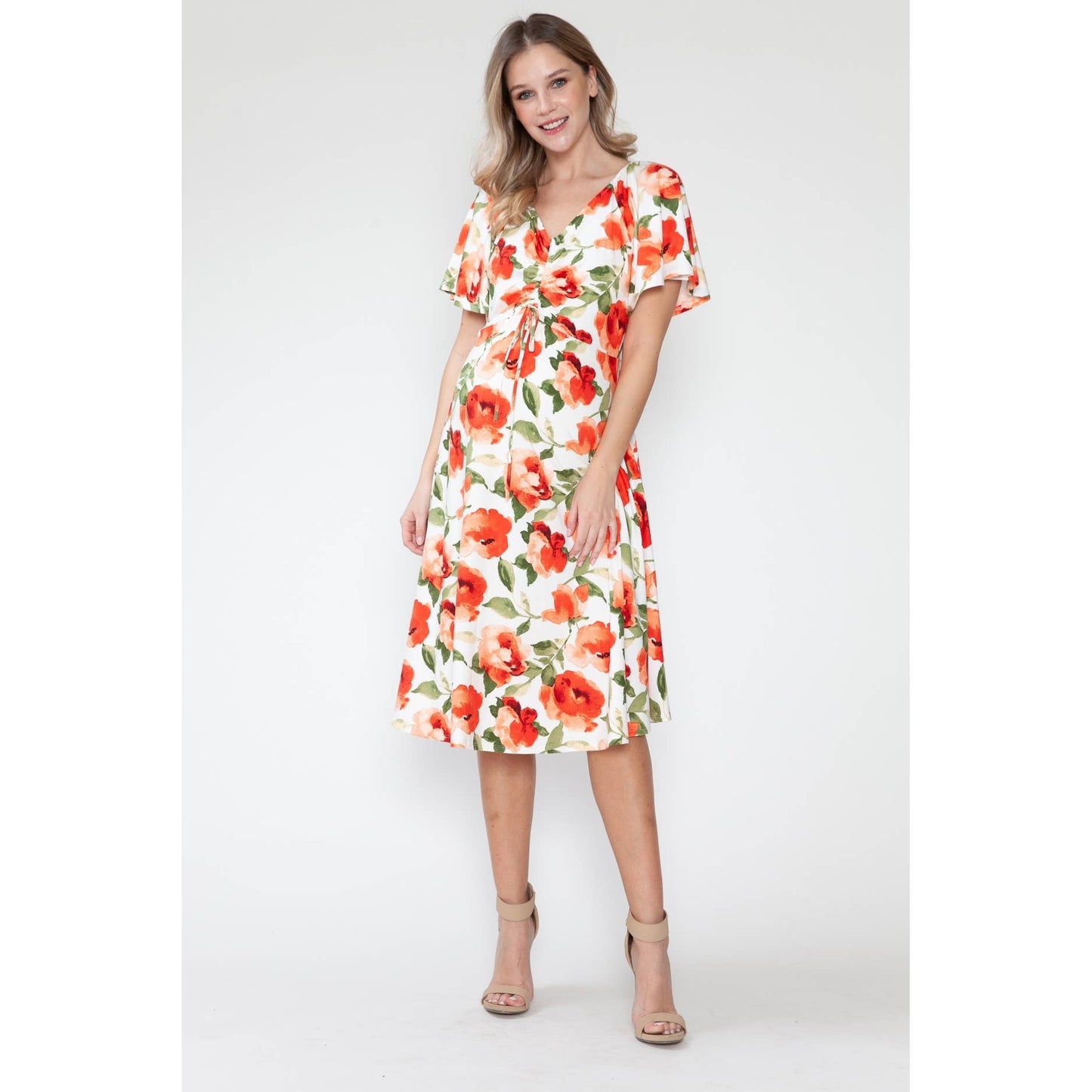 Maternity Floral Ruffle V-Neck Knotted Twist Midi Dress