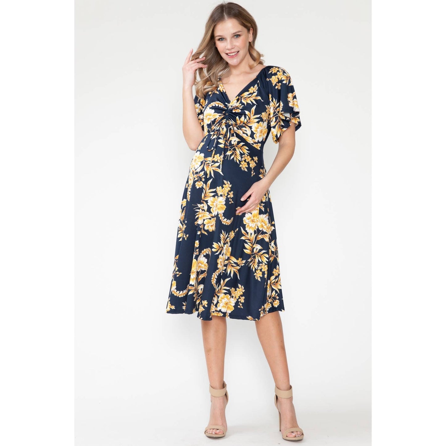 Maternity Floral Print Twist Ruffle V-Neck Midi Dress