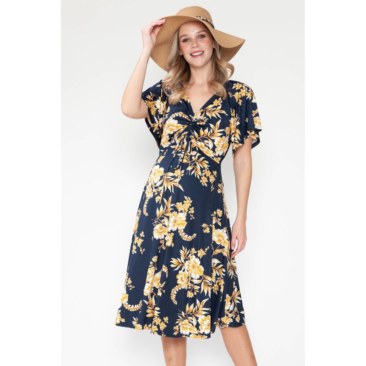 Maternity Floral Print Twist Ruffle V-Neck Midi Dress