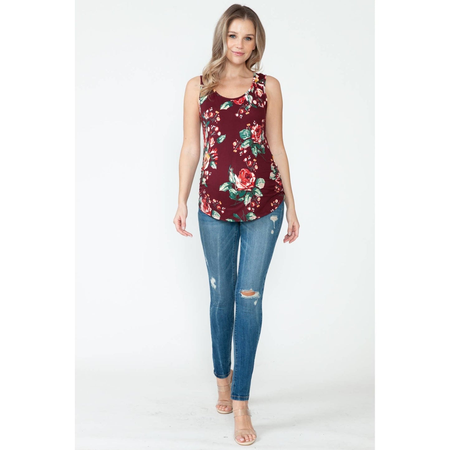 Maternity Floral Print Round Hem Shirring Sleeveless Top