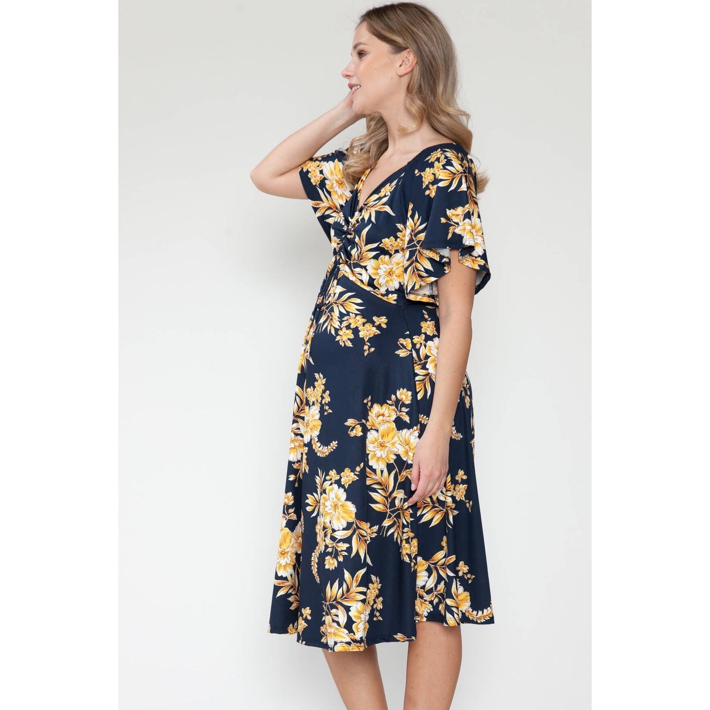 Maternity Floral Print Twist Ruffle V-Neck Midi Dress