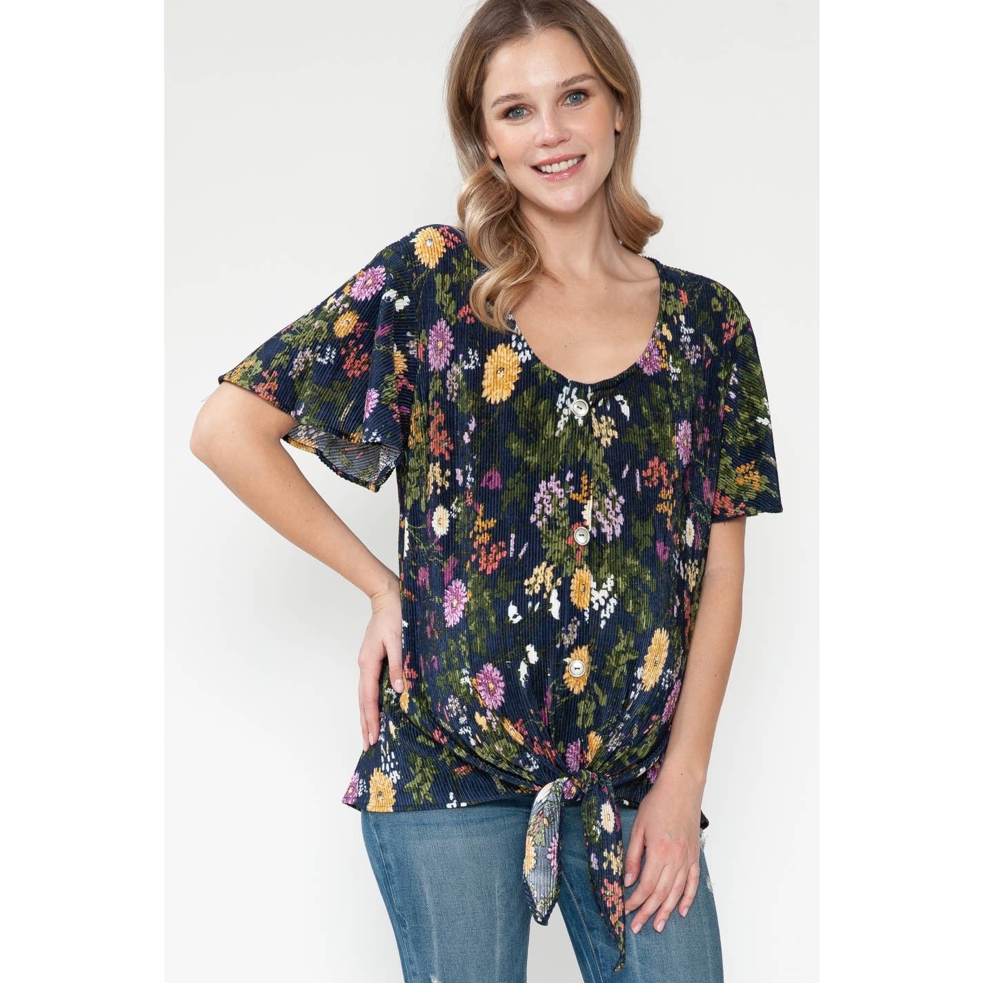 Maternity Floral Print Button Tied Ruffle Basic Top