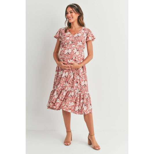 Floral Flutter Sleeve Maternity V-Neck Midi Dress