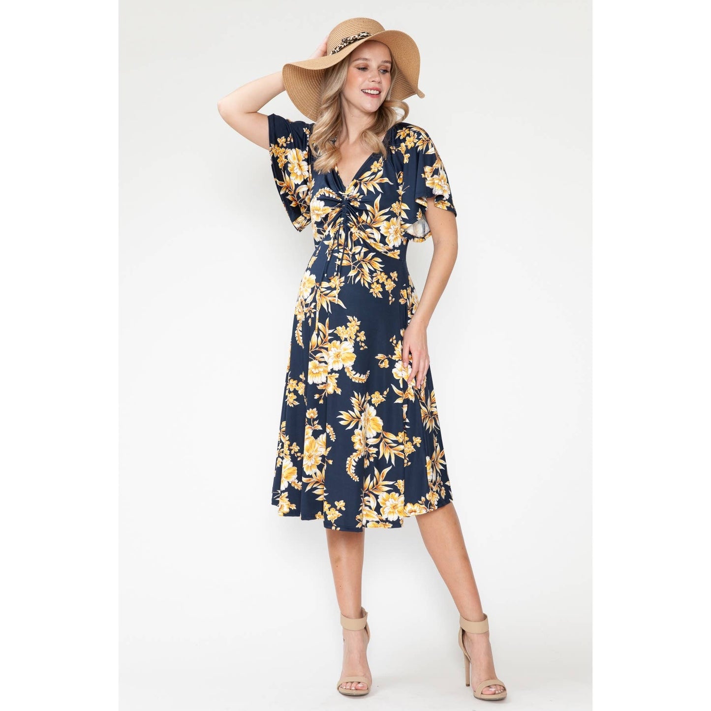 Maternity Floral Print Twist Ruffle V-Neck Midi Dress