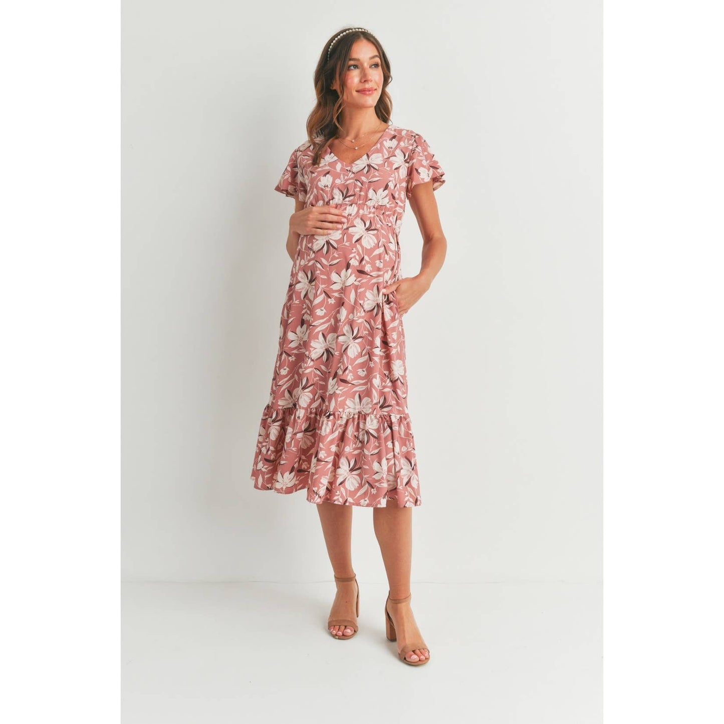 Floral Flutter Sleeve Maternity V-Neck Midi Dress