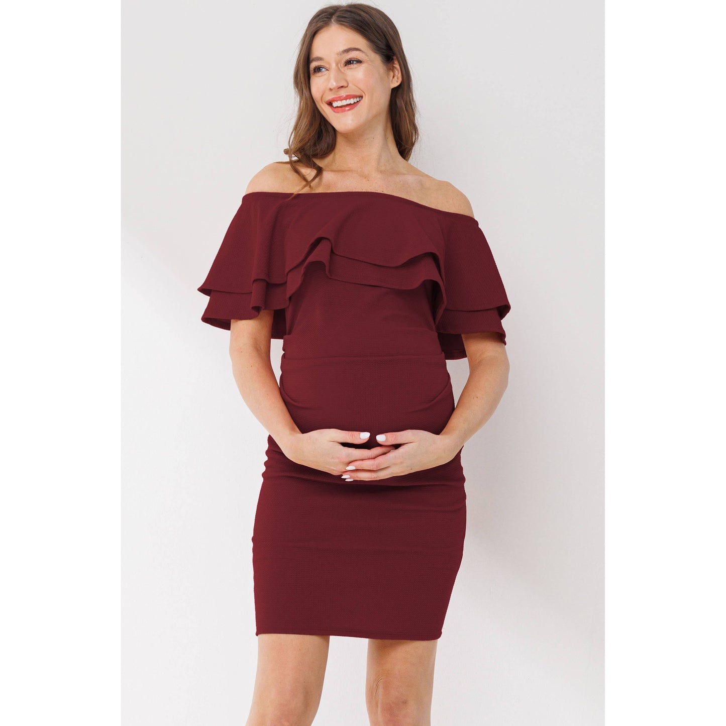 Off The Shoulder Ruffle Maternity Mini Dress