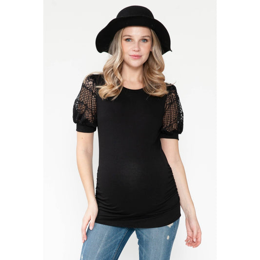 Maternity Lace See-through Balloon Short Sleeve Basic Top