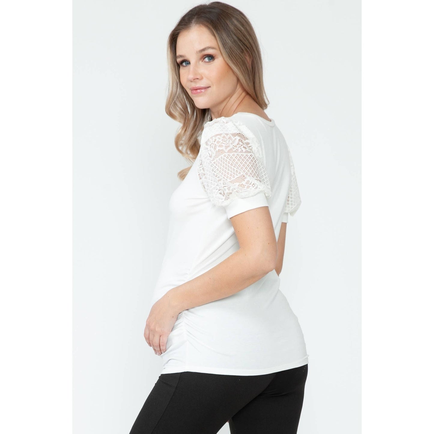 Maternity Lace See-through Balloon Short Sleeve Basic Top