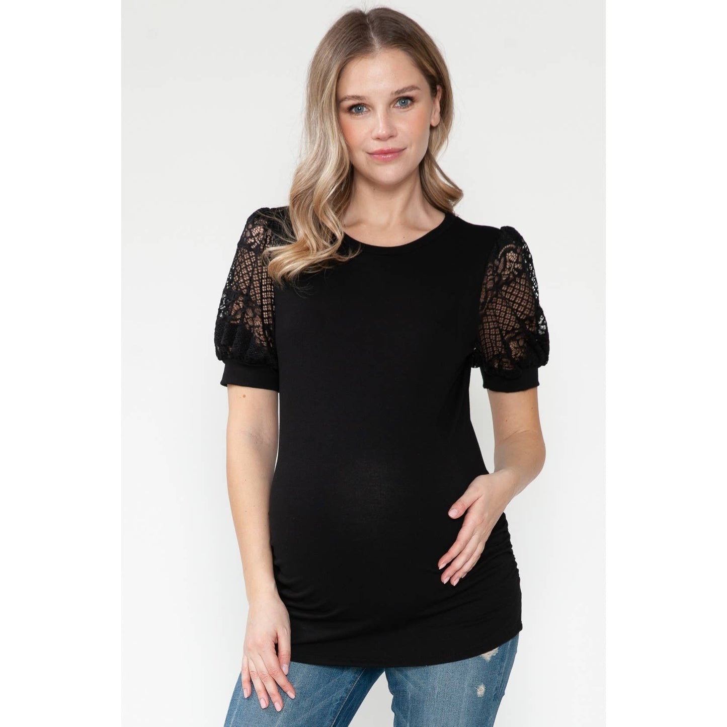 Maternity Lace See-through Balloon Short Sleeve Basic Top