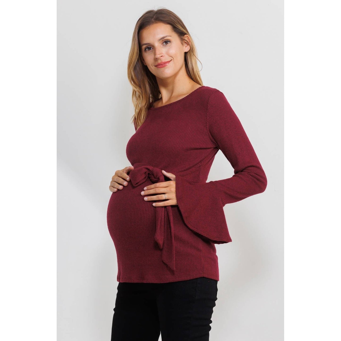 Bell-Sleeve Maternity Top with Faux Wrap Tie