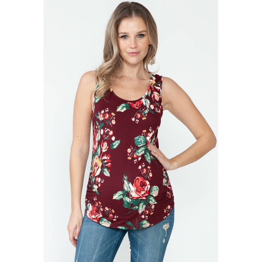 Maternity Floral Print Round Hem Shirring Sleeveless Top