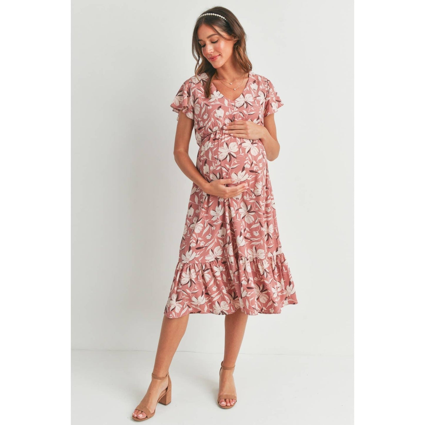 Floral Flutter Sleeve Maternity V-Neck Midi Dress