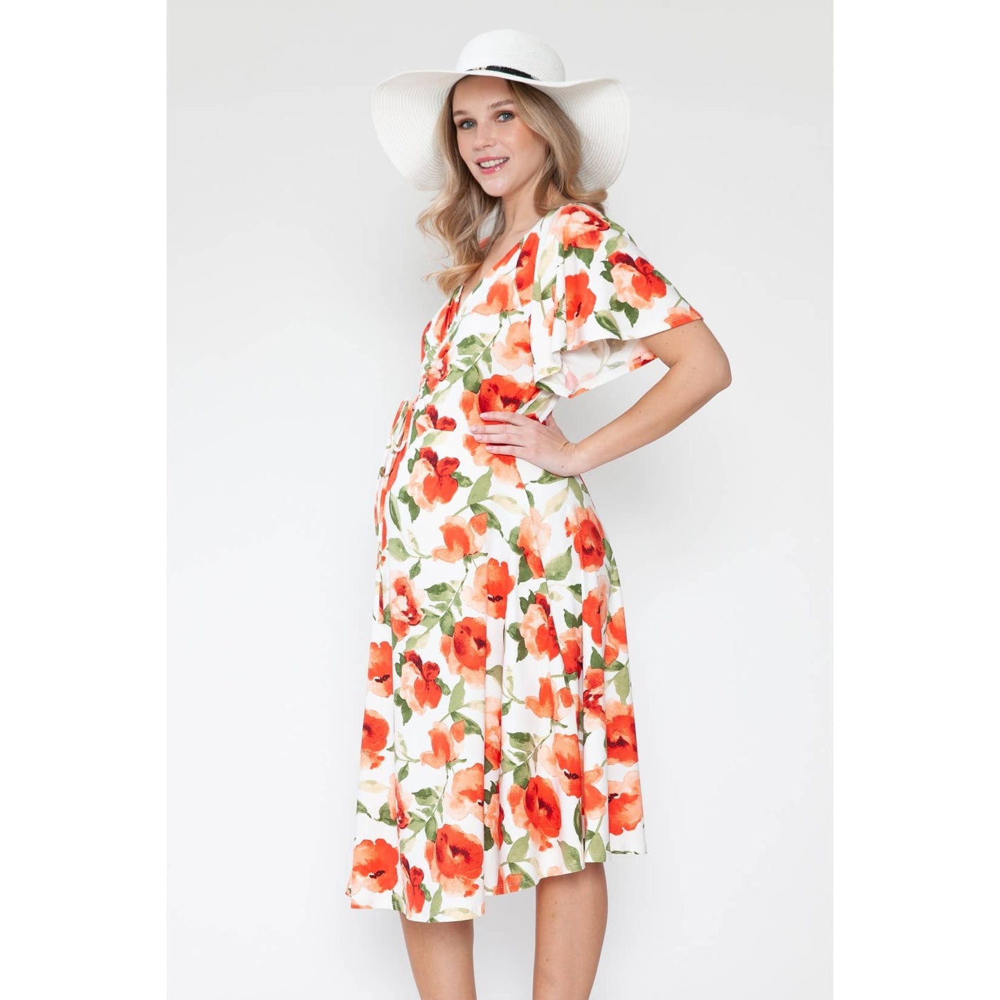 Maternity Floral Ruffle V-Neck Knotted Twist Midi Dress