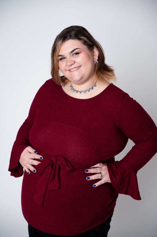 Bell-Sleeve Maternity Top with Faux Wrap Tie