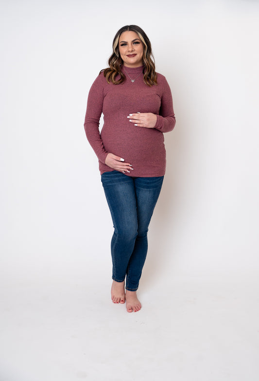 Mock Neck Ribbed Knit Maternity Long Sleeve Top