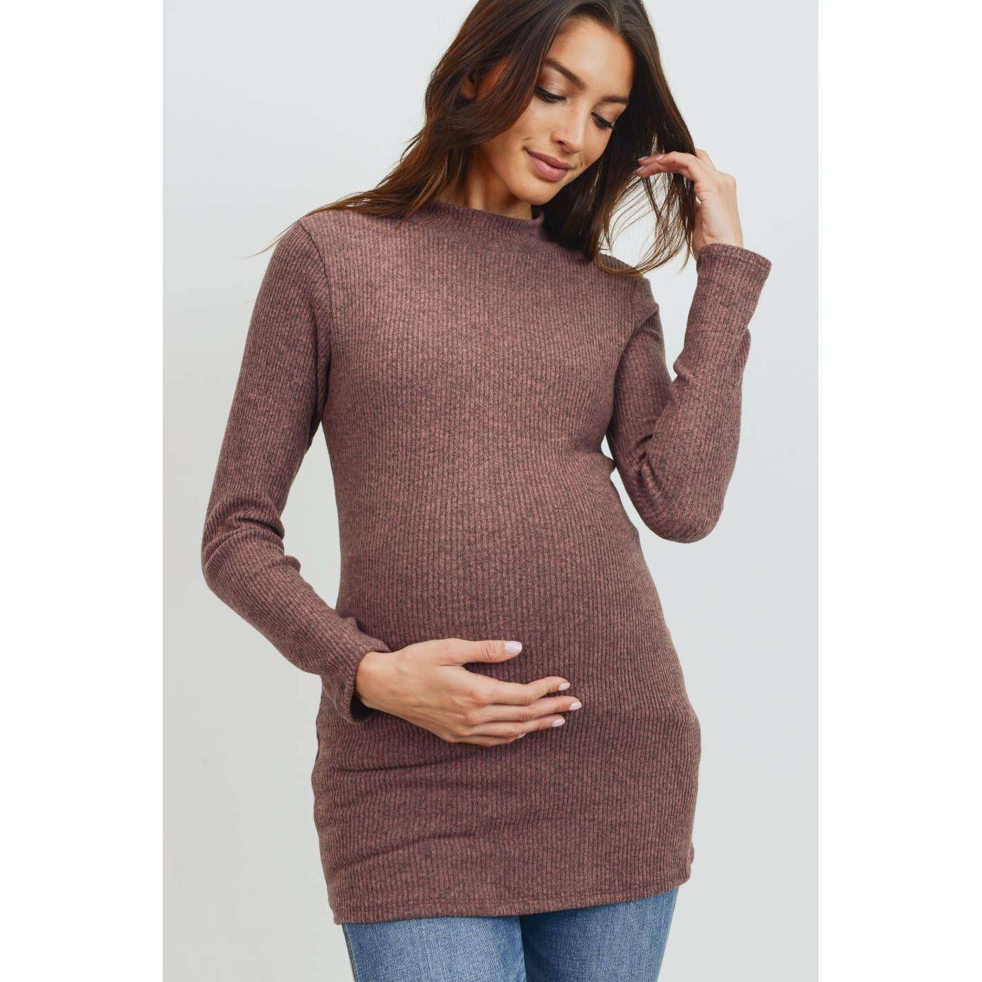 Mock Neck Ribbed Knit Maternity Long Sleeve Top