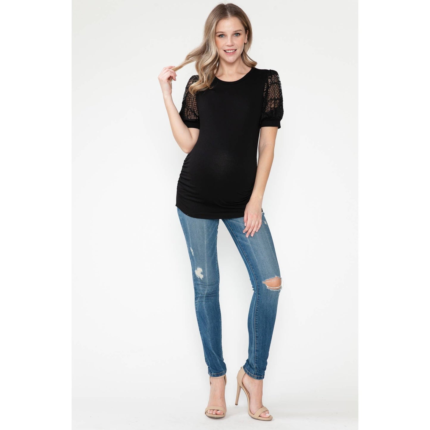 Maternity Lace See-through Balloon Short Sleeve Basic Top