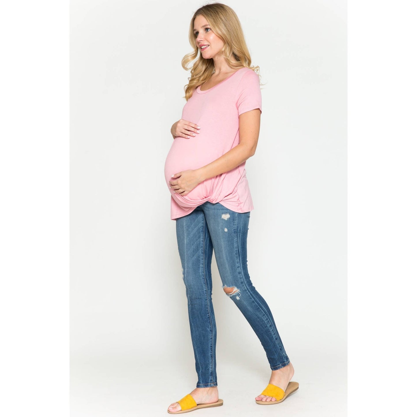 Maternity Round Neck Front Twist Knotted Solid Basic Top