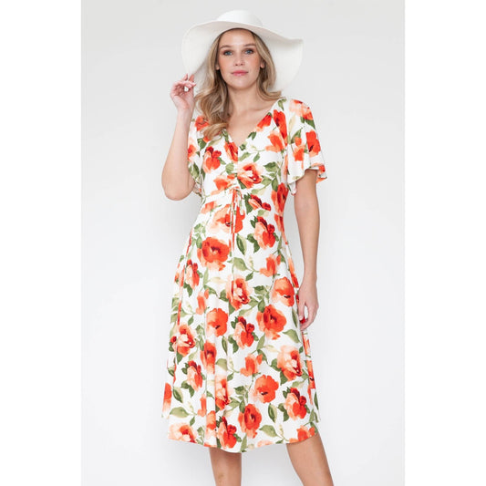 Maternity Floral Ruffle V-Neck Knotted Twist Midi Dress