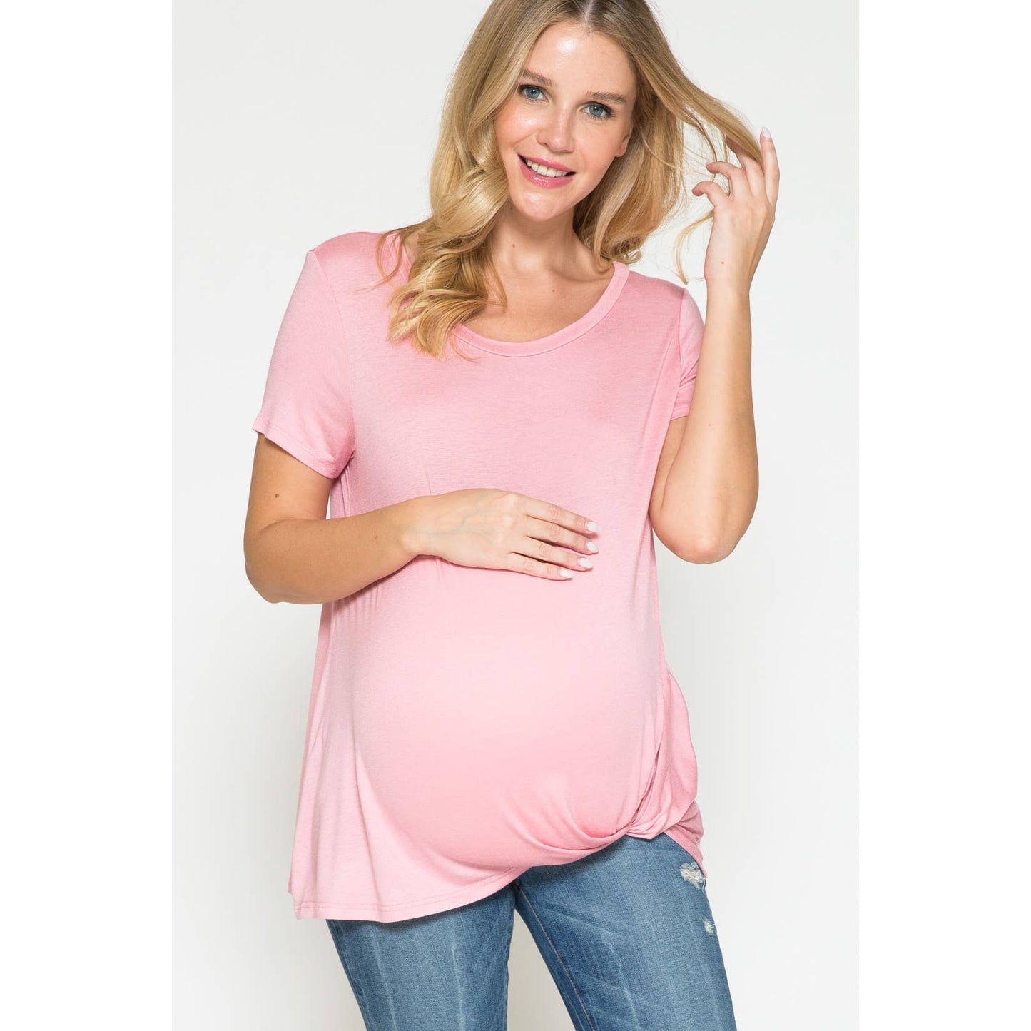 Maternity Round Neck Front Twist Knotted Solid Basic Top