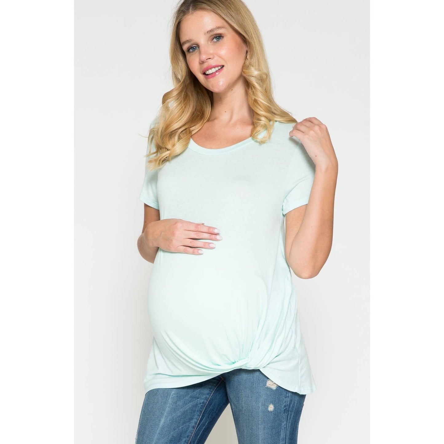 Maternity Round Neck Front Twist Knotted Solid Basic Top