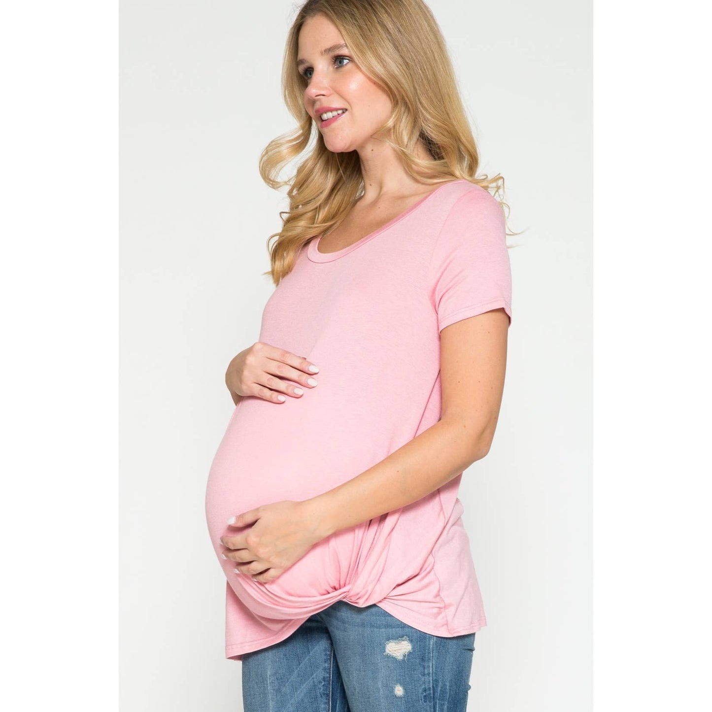 Maternity Round Neck Front Twist Knotted Solid Basic Top