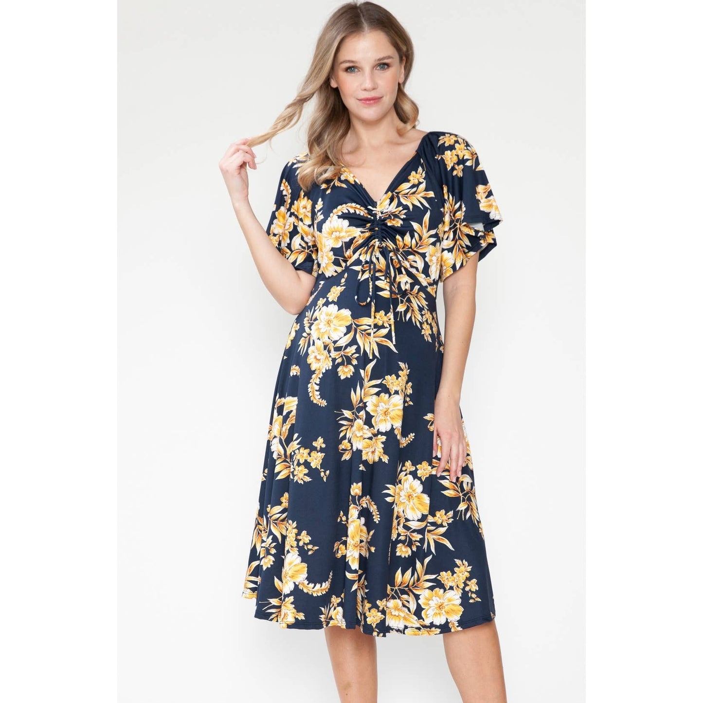 Maternity Floral Print Twist Ruffle V-Neck Midi Dress