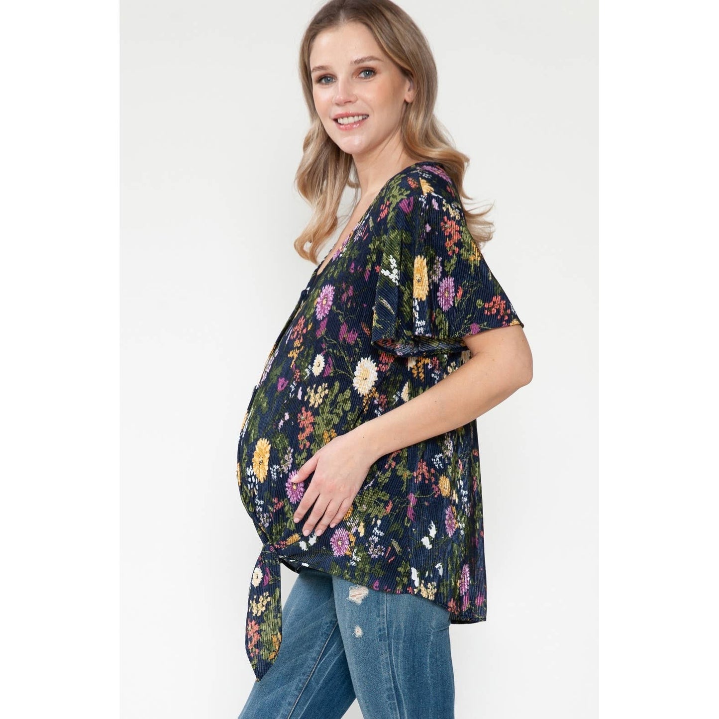 Maternity Floral Print Button Tied Ruffle Basic Top