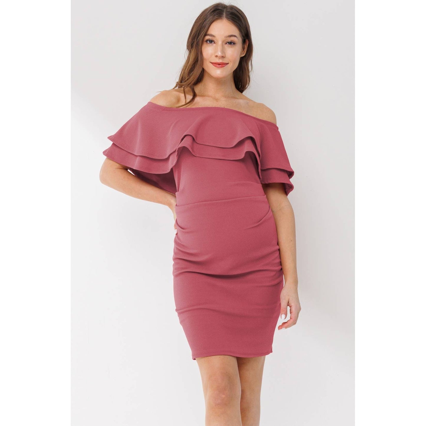 Off The Shoulder Ruffle Maternity Mini Dress