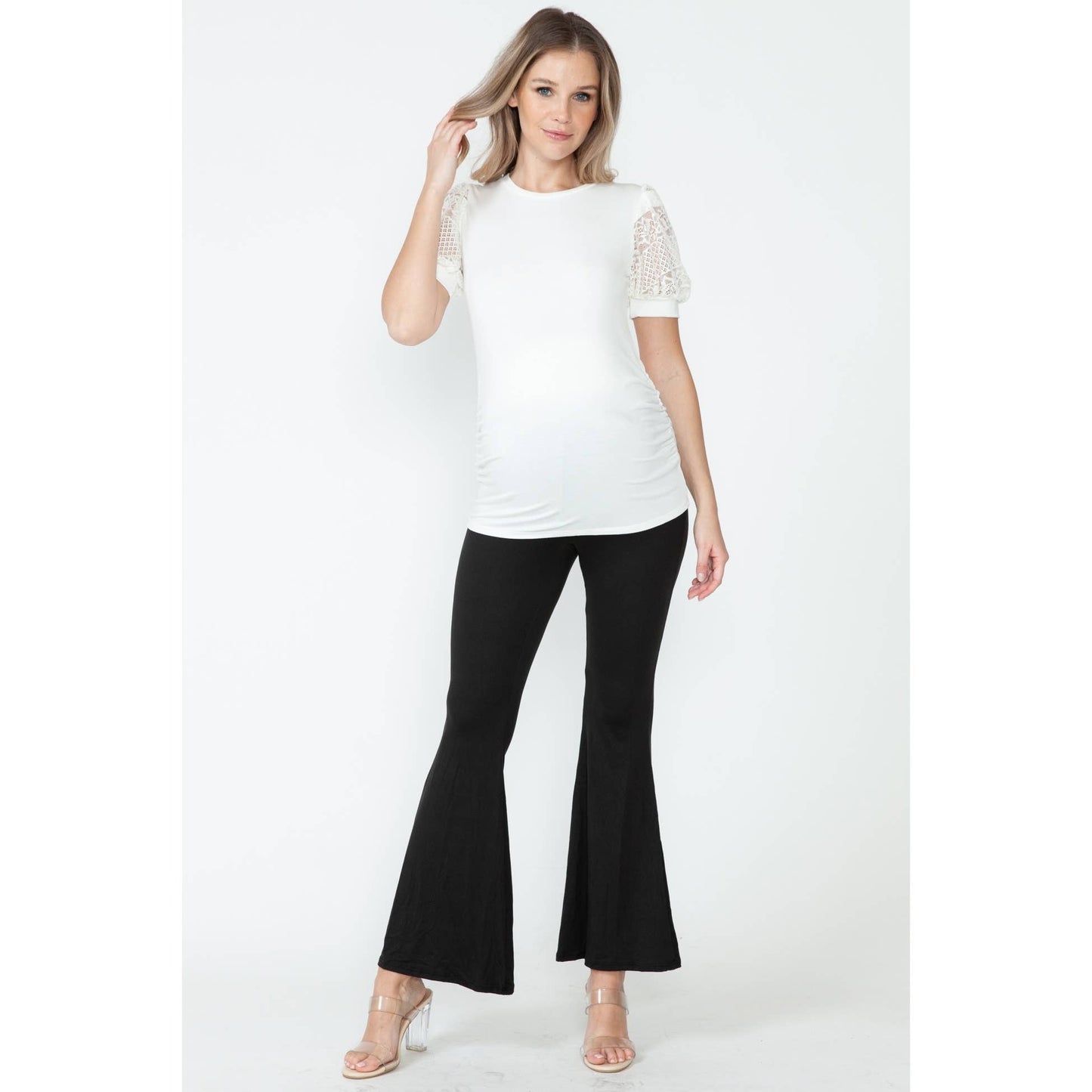 Maternity Lace See-through Balloon Short Sleeve Basic Top