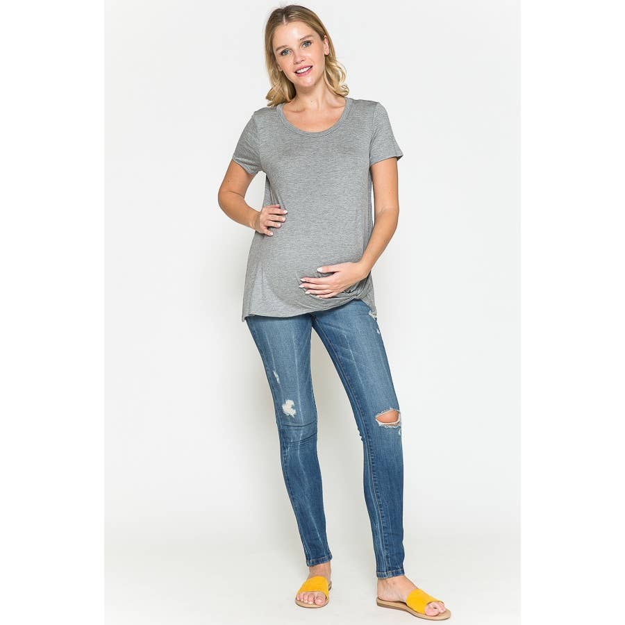 Maternity Round Neck Front Twist Knotted Solid Basic Top