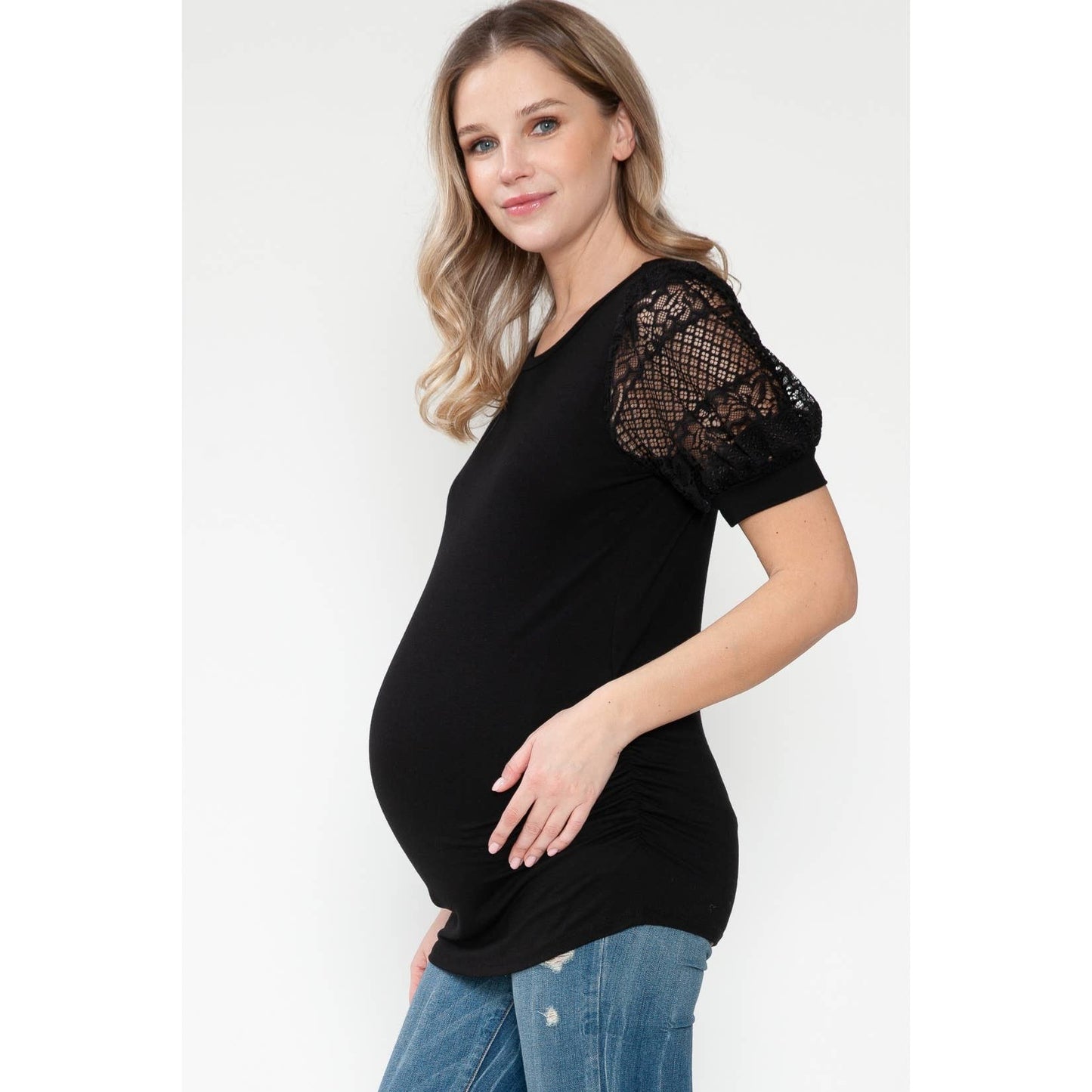 Maternity Lace See-through Balloon Short Sleeve Basic Top