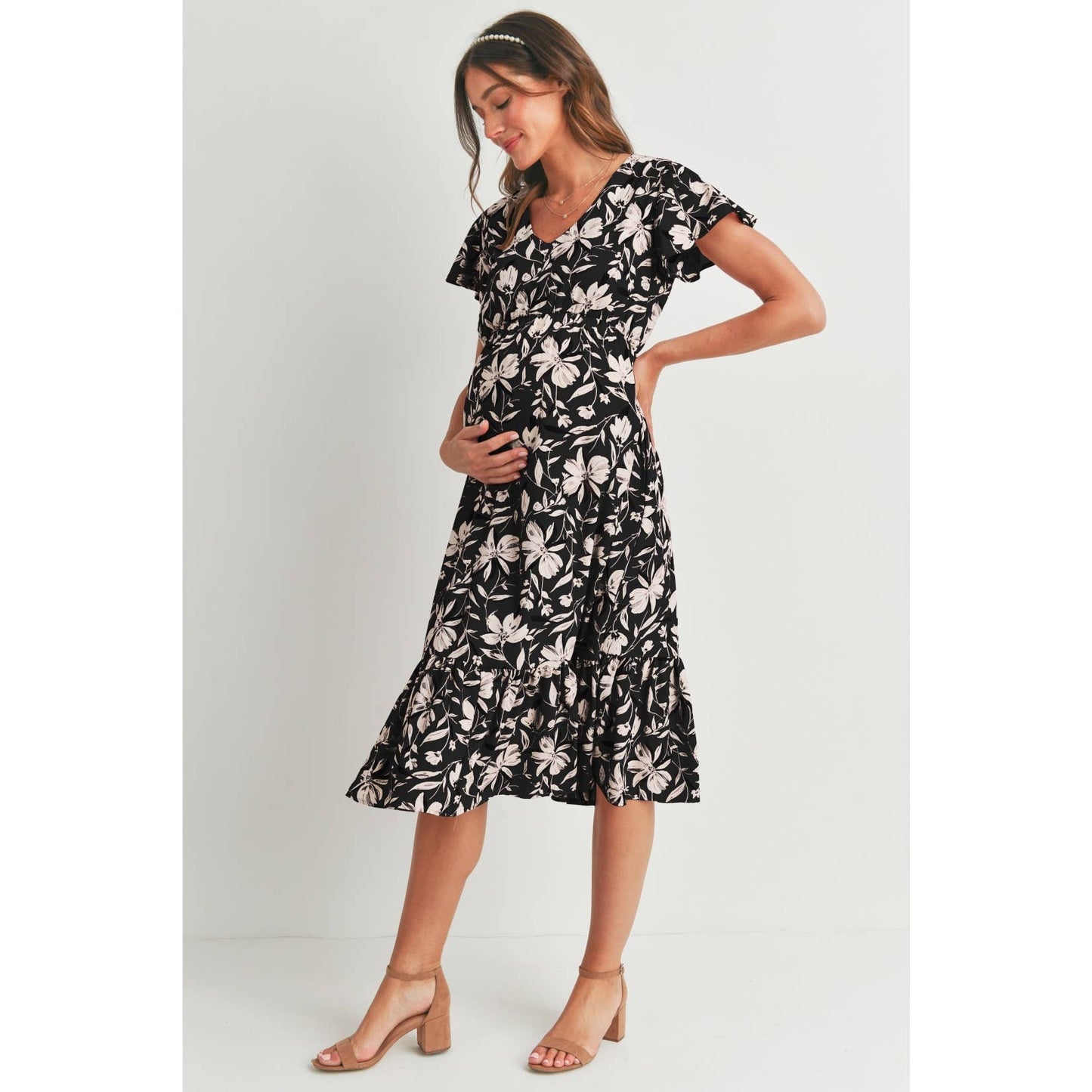 Floral Flutter Sleeve Maternity V-Neck Midi Dress